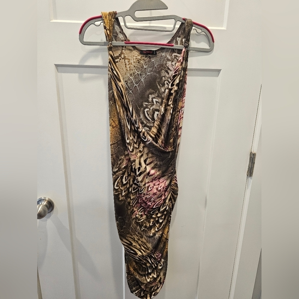 Red Mango Snakeskin Print Ruched Bodycon Dress Brown Pink Size Small